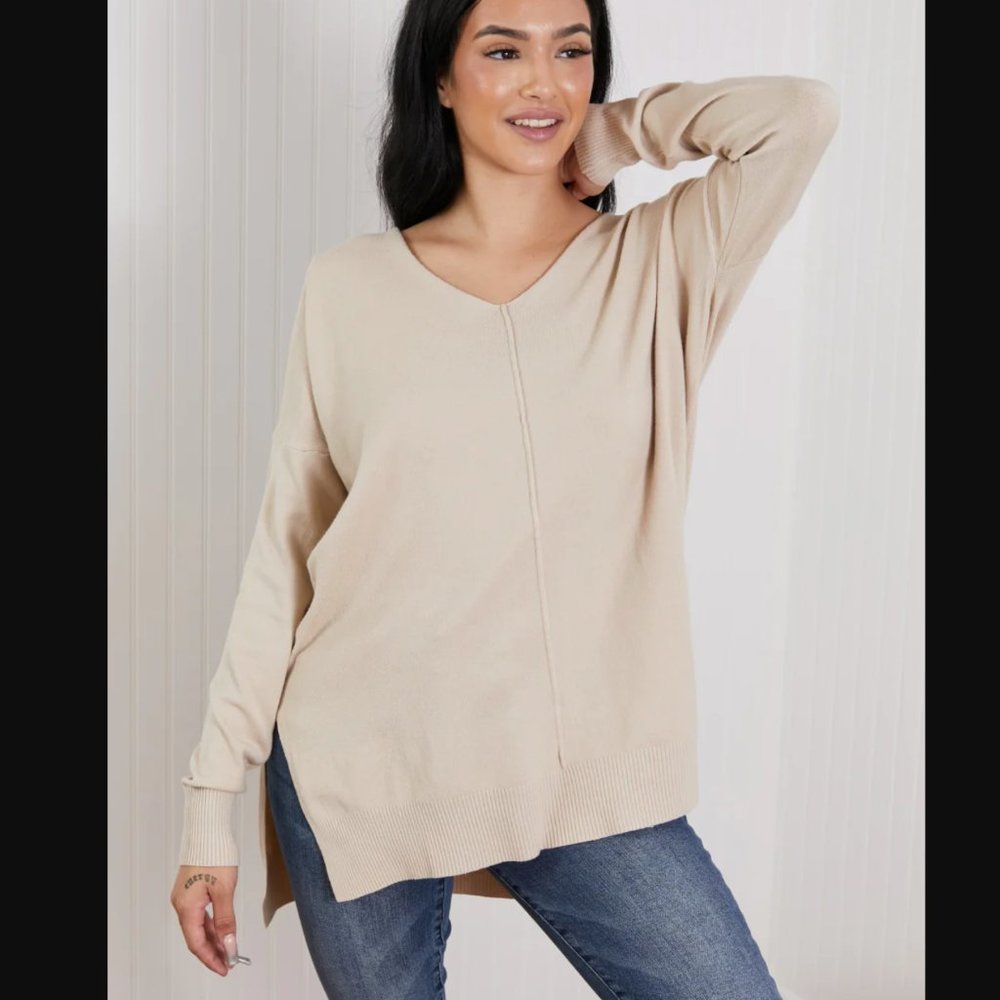 Zenana Tan Front Seam Tunic Sweater M